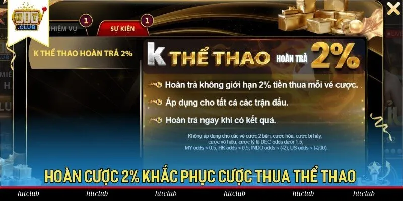 Hoàn cược 2% khắc phục cược thua Thể Thao